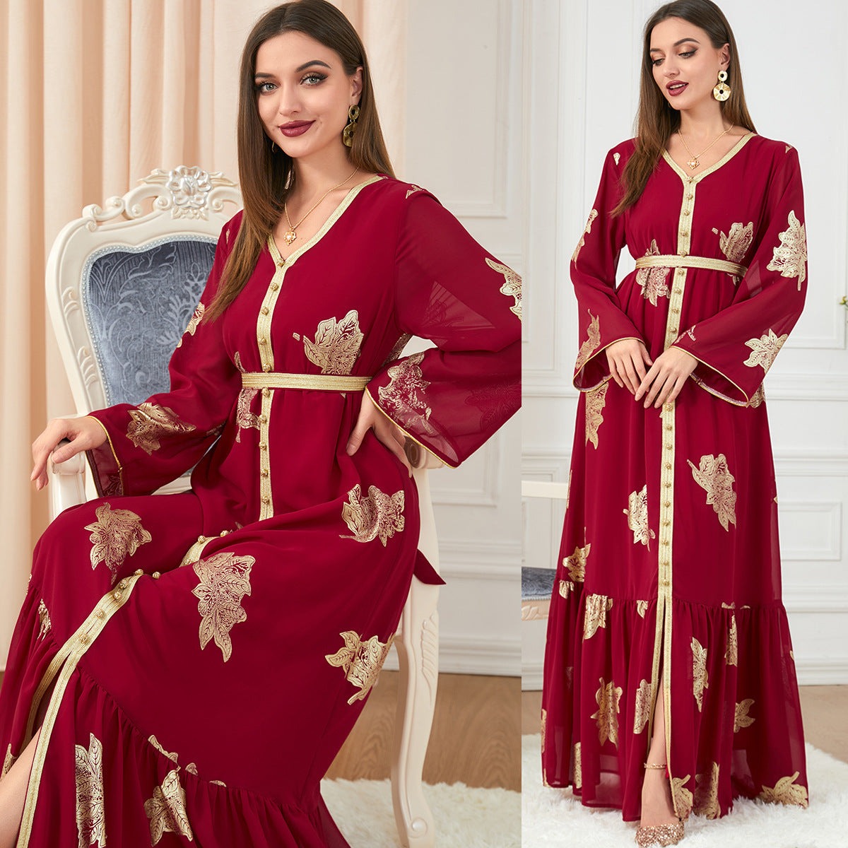 Vestidos casuales de manga larga con estampado dorado para mujer