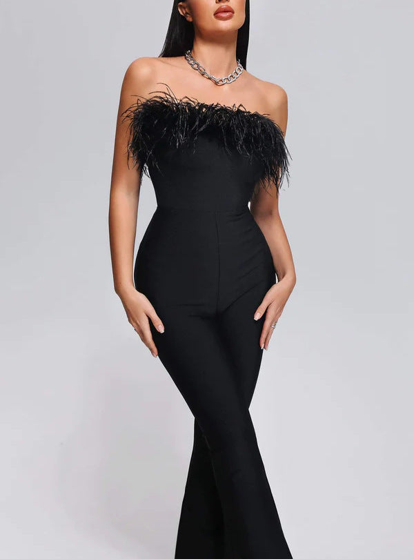 Sexy Sleeveless Feather Slimming Bowknot Decoration Straight Long Jumpsuit