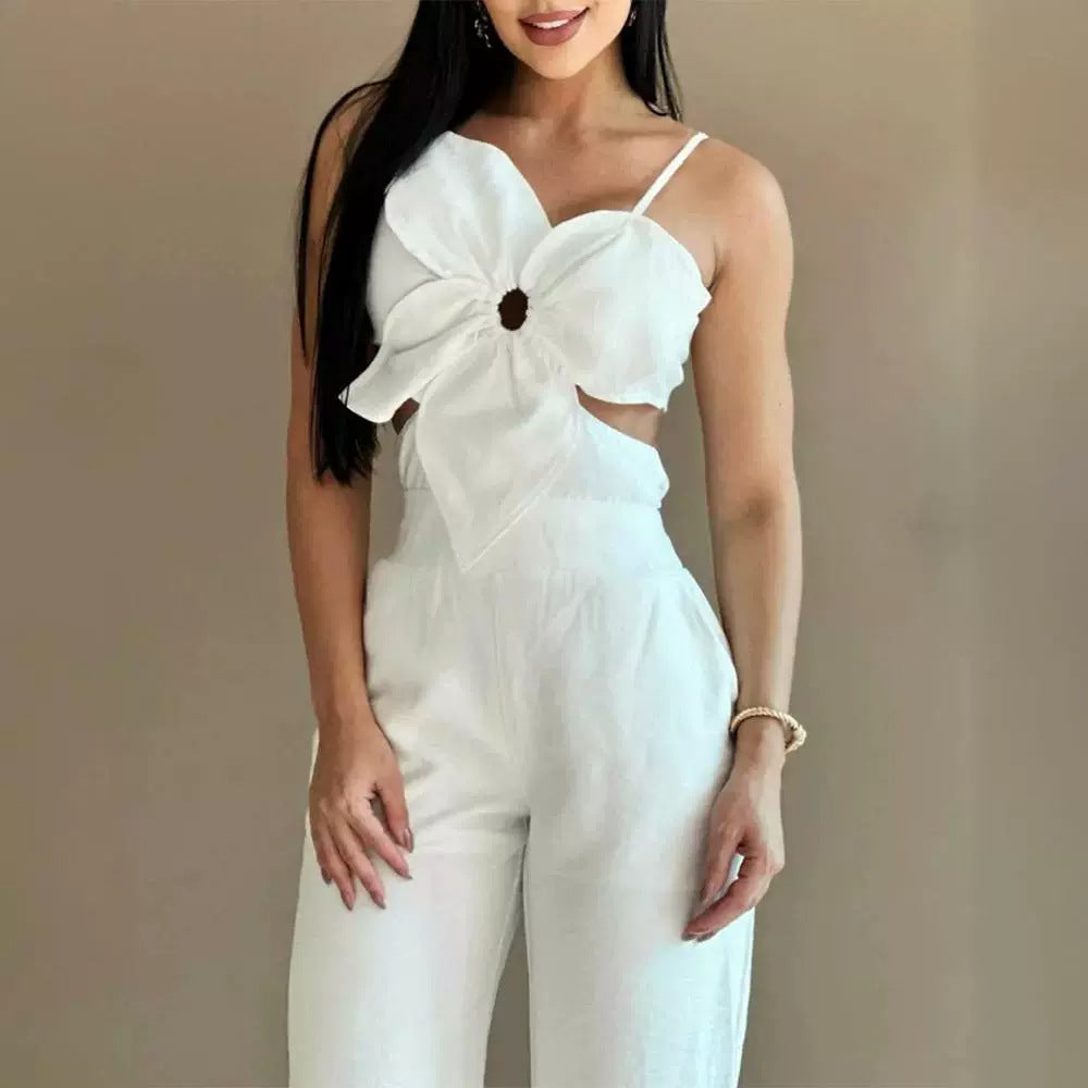 Pantalon une pièce blanc à motif floral tridimensionnel pour femme