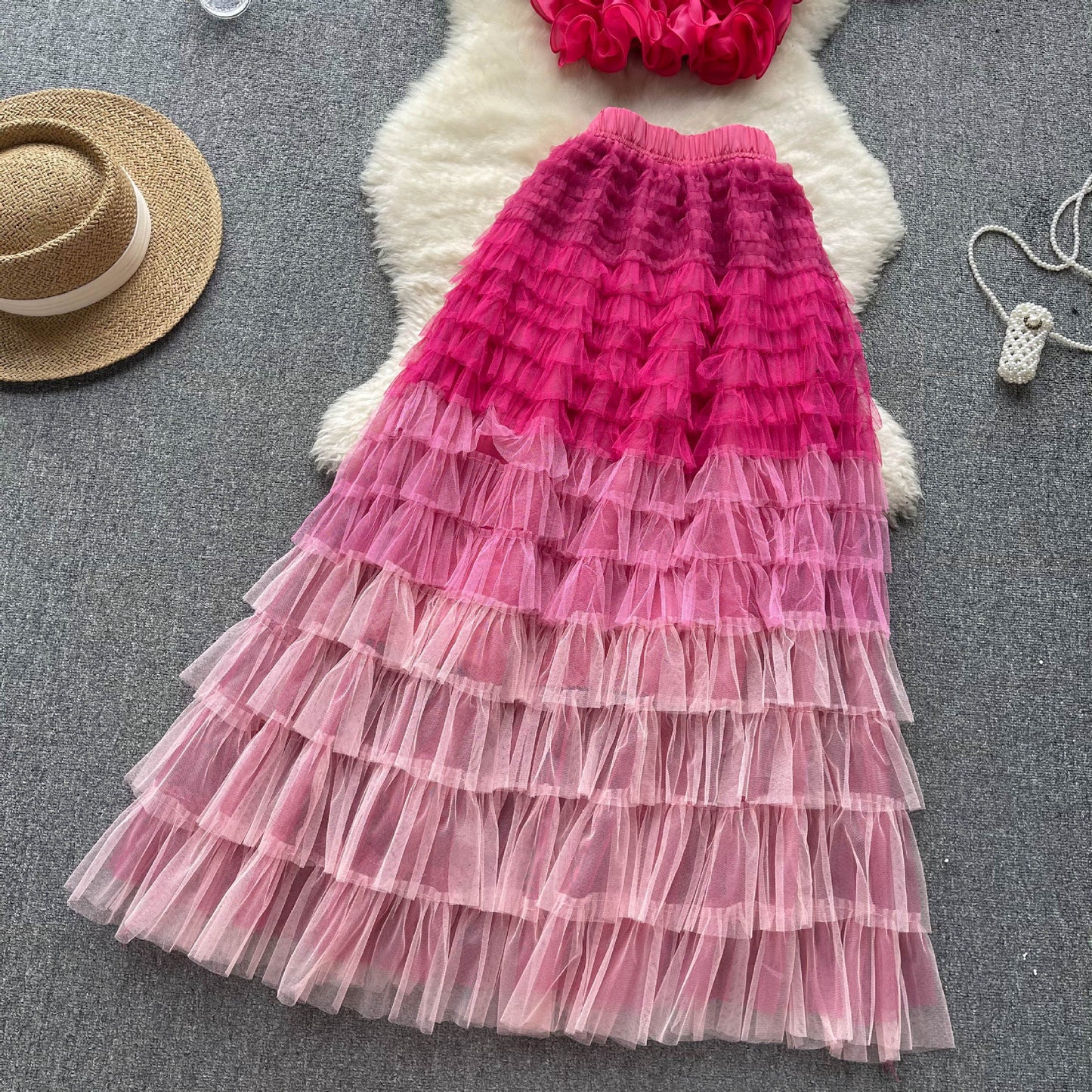 High-grade Ladies Suit Women's Three-dimensional Flower Mesh Camisole Fairy Mesh Half-length Dress Two-piece Set