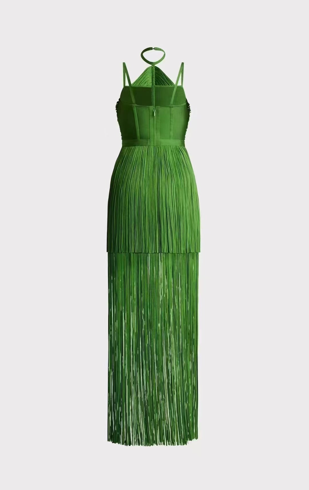 Robe de soirée verte à bretelles spaghetti et pompons
