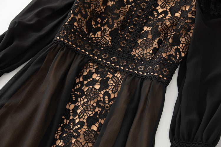 Robe coupe ajustée en maille douce et dentelle épissée de tempérament français