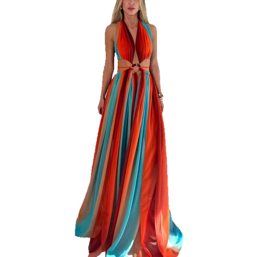 Vacation Beach Split Expansion Skirt Dress Sleeveless Chest Print