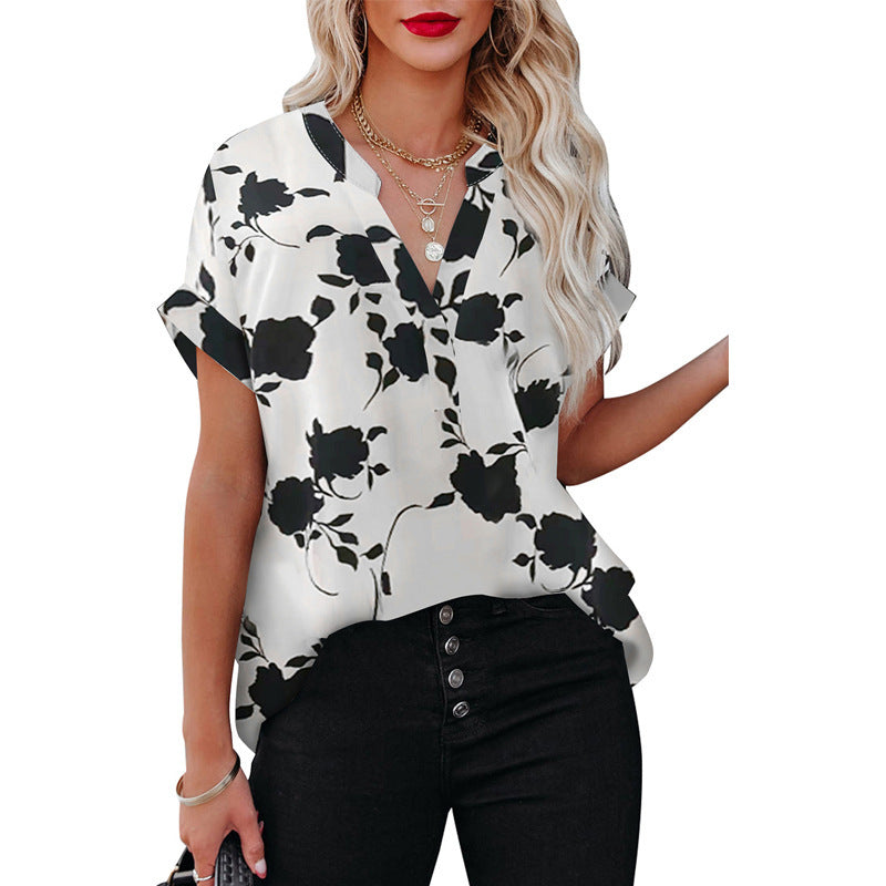 Floral Print Short Sleeve Shirt For Women
