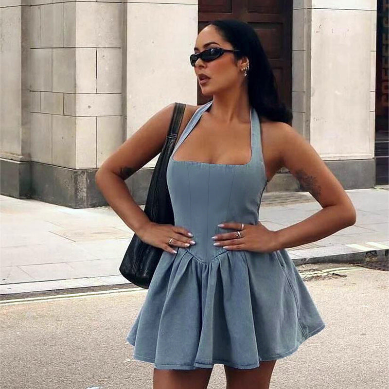 Robe en jean dos nu à taille élastique pour femme