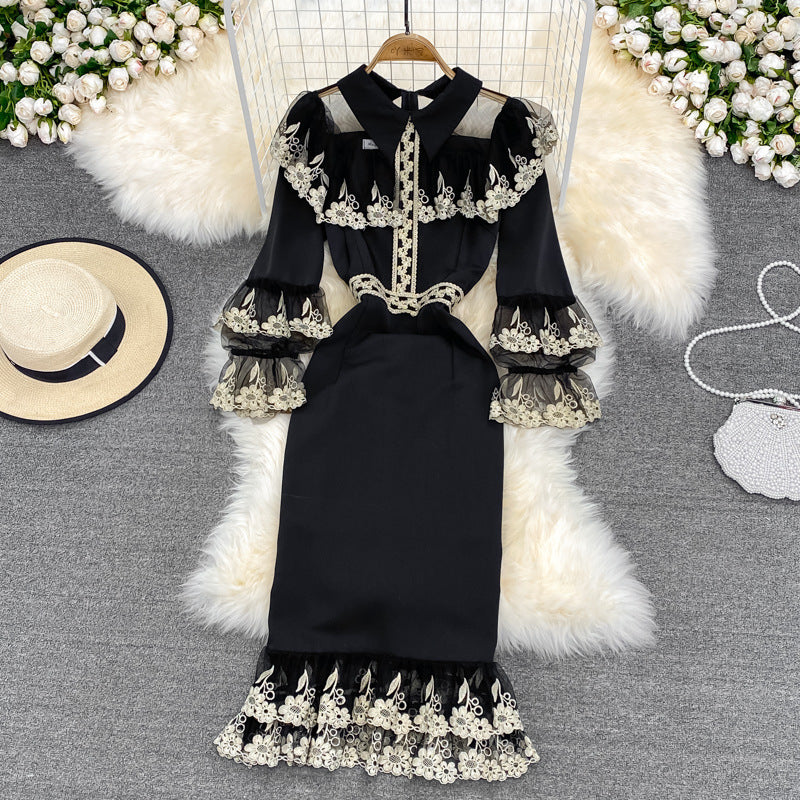 Vestido delgado con falda de temperamento delgada y cintura con bordado artesanal pesado