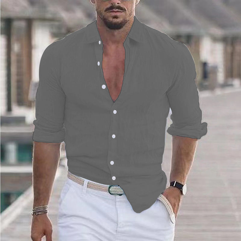 Camisa de lino para hombre Camisa con botones Camisa playera de color liso