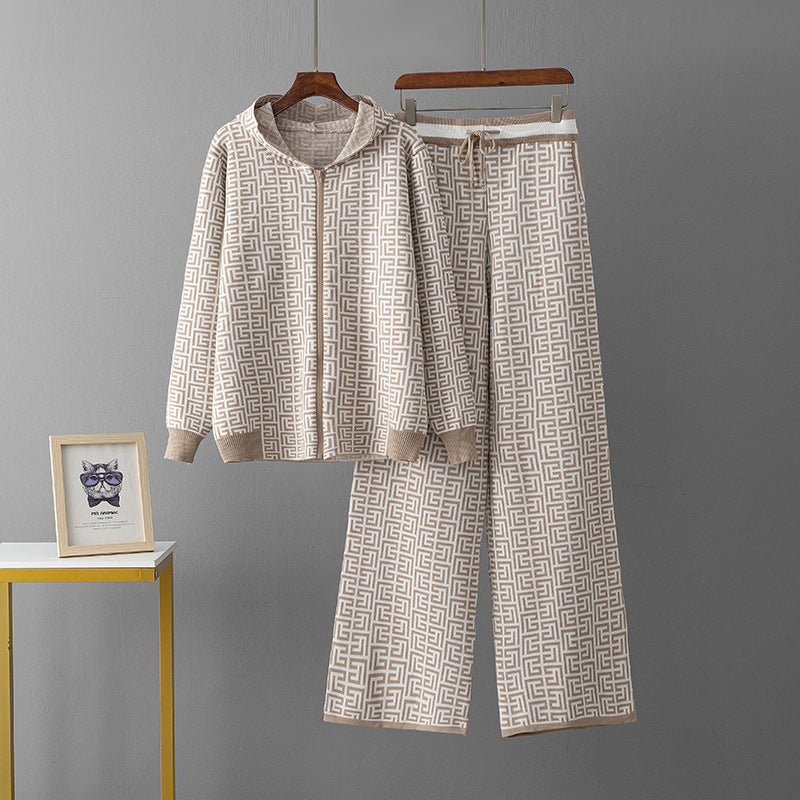 Women's Casual Fashion Zipper Coat & Trousers Knitting Suit