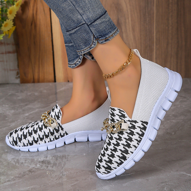Zapatos casuales de malla con cadena y estampado de pata de gallo, zapatos planos deportivos para caminar de verano para mujer, mocasines transpirables