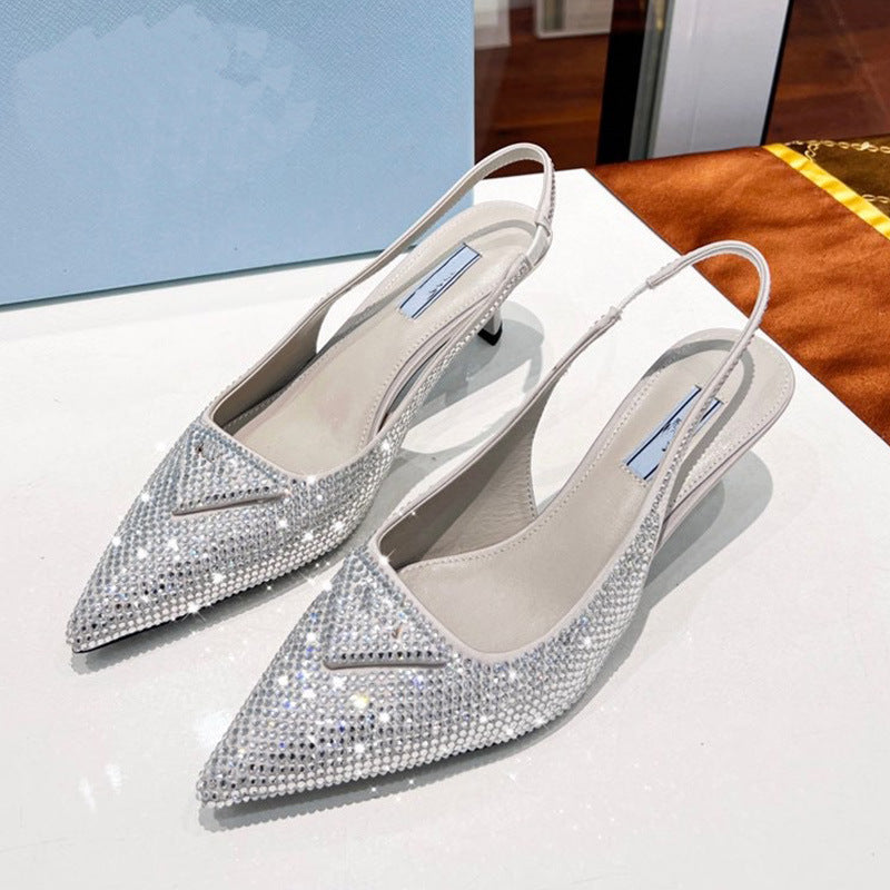 Women's Triangle Pointed Rhinestone Cat Heel Sandals