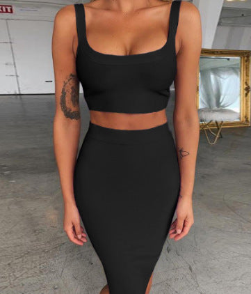 Solid Color Sling U-neck Short Top High Waist Slim Hip Skirt Bandage