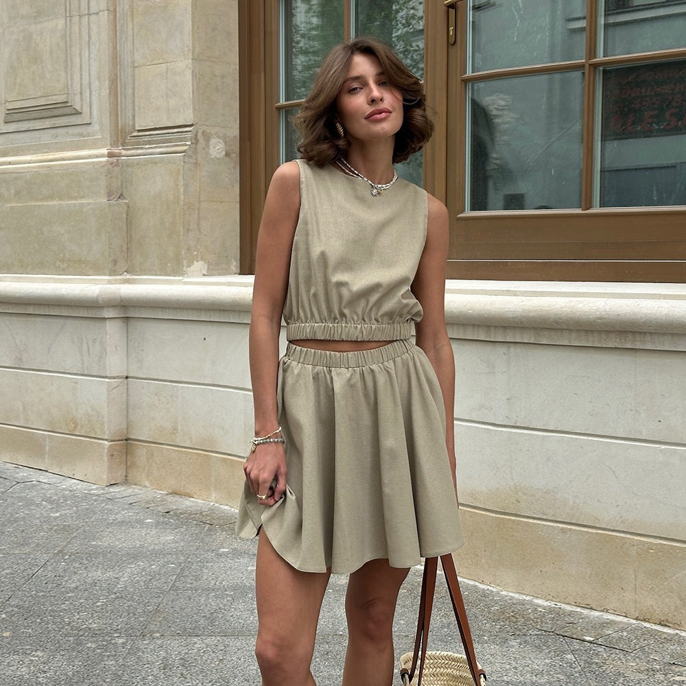 Cotton And Linen Comfortable Short Skirt Casual Suit Women