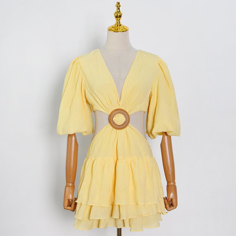 Women's Fashion Solid Color And V-neck Puff Sleeve Dress