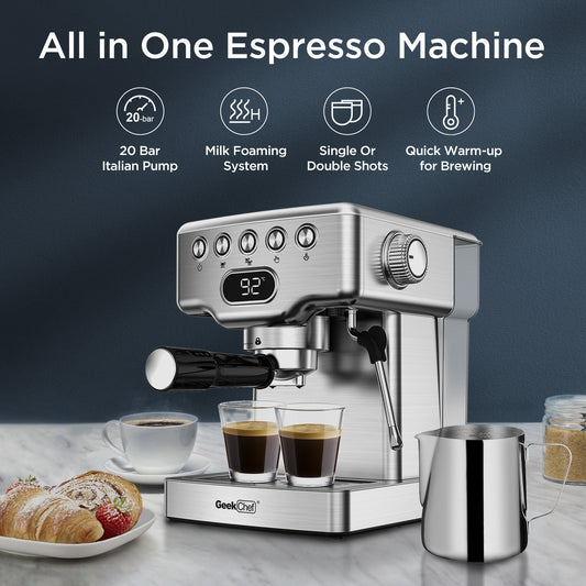 Machine à expresso Geek Chef, 20 bars, avec mousseur à lait pour latte, cappuccino, macchiato, pour la maison, réservoir d'eau de 1,8 L, acier inoxydable, disponible sur Amazon.