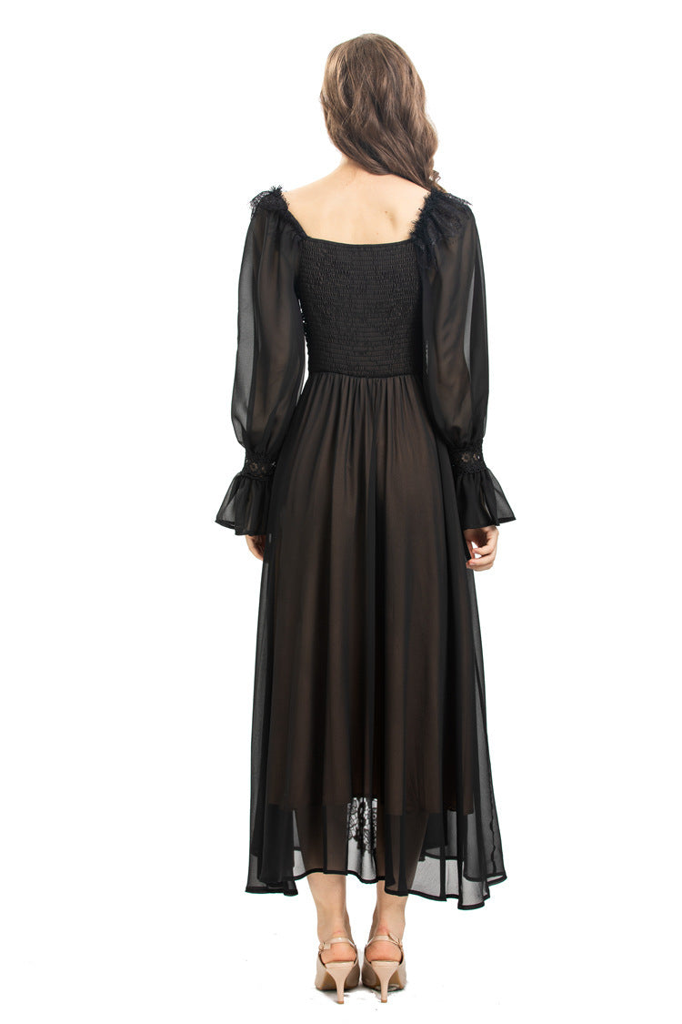 Robe coupe ajustée en maille douce et dentelle épissée de tempérament français