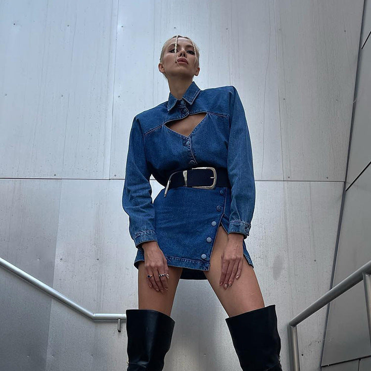 Robe trapèze en jean à manches longues pour femme