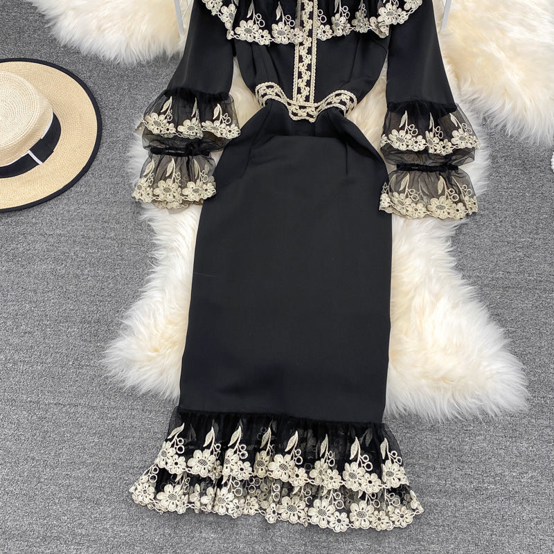 Vestido delgado con falda de temperamento delgada y cintura con bordado artesanal pesado