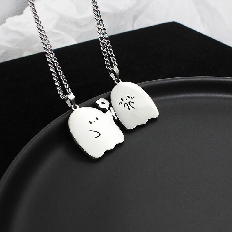 Collier en acier inoxydable avec pendentif en forme de chat et de fantôme mignon, idéal pour un couple, idéal pour l'amitié ou comme cadeau