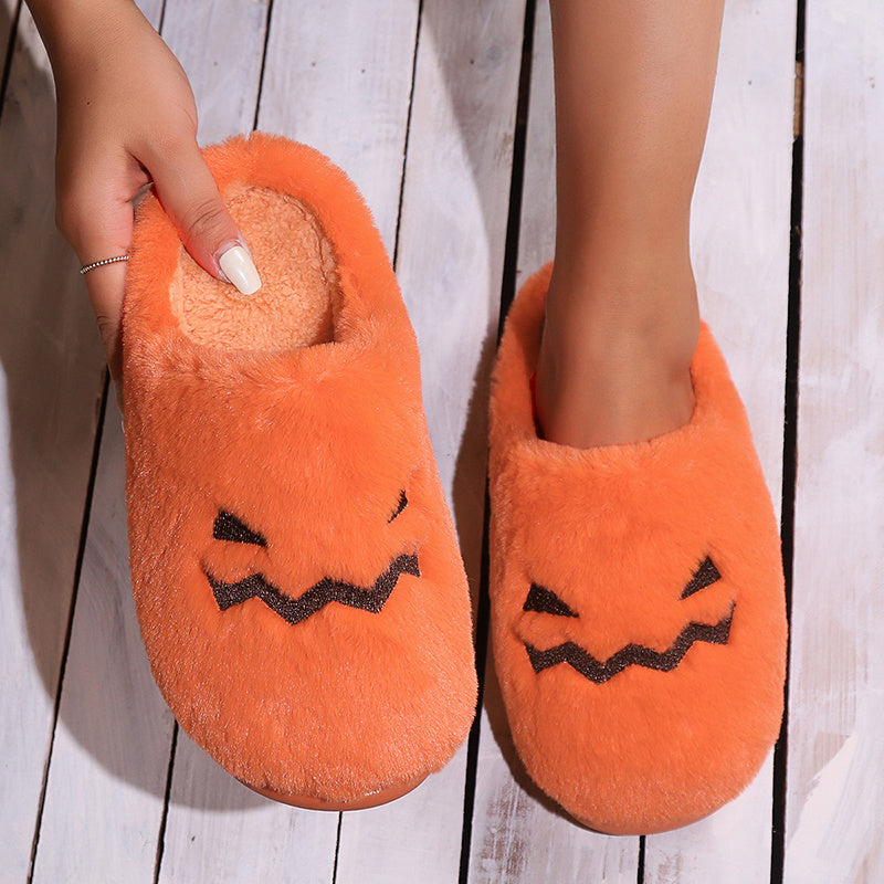 Chaussons mignons en forme de citrouille pour Halloween, pantoufles d'hiver chaudes en peluche pour chambre à coucher, pantoufles décontractées, confortables et douillettes pour l'intérieur
