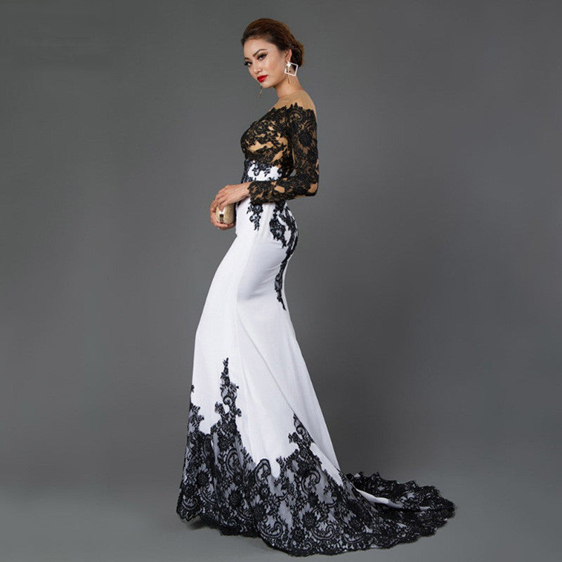 Vestido largo de encaje bordado con cola de pez y cola delgada