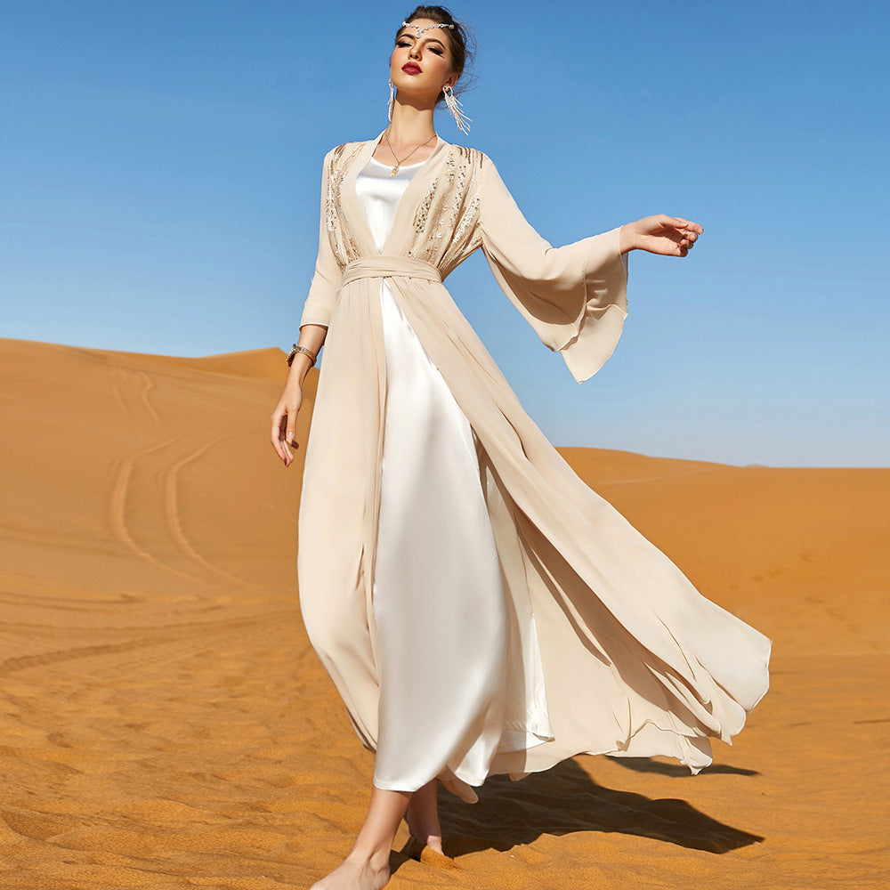 Robe d'extérieur tendance en mousseline beige à double épaisseur
