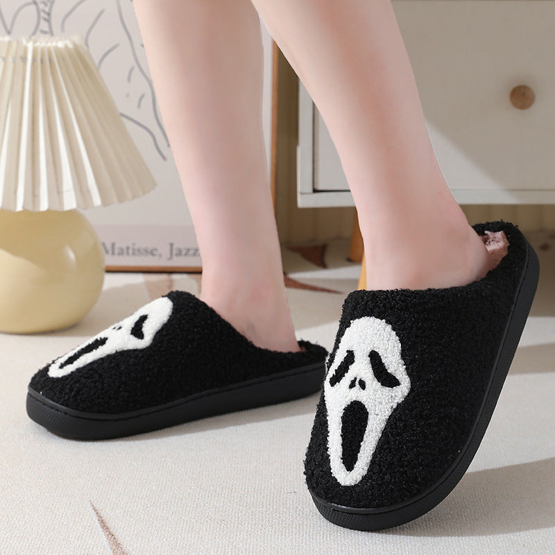 Chaussons d'hiver chauds à imprimé tête de mort pour Halloween, pantoufles d'intérieur en coton pour hommes et femmes