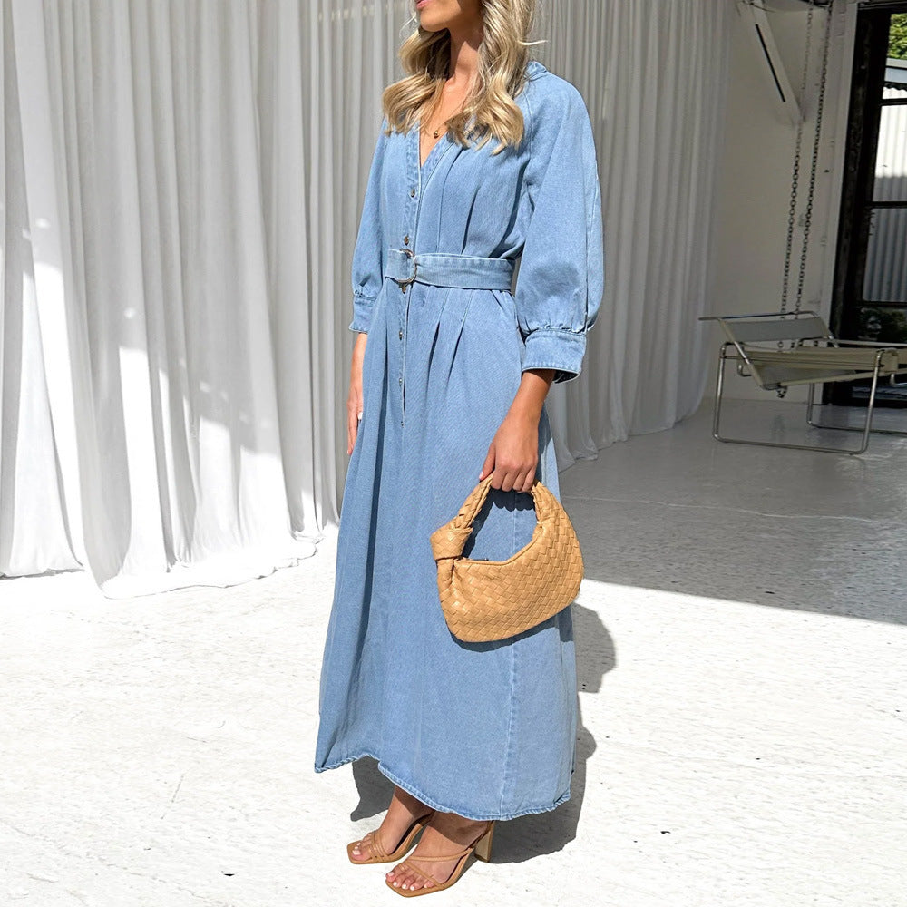 Robe en jean décontractée à boutons et col en V, avec lacets et taille cintrée