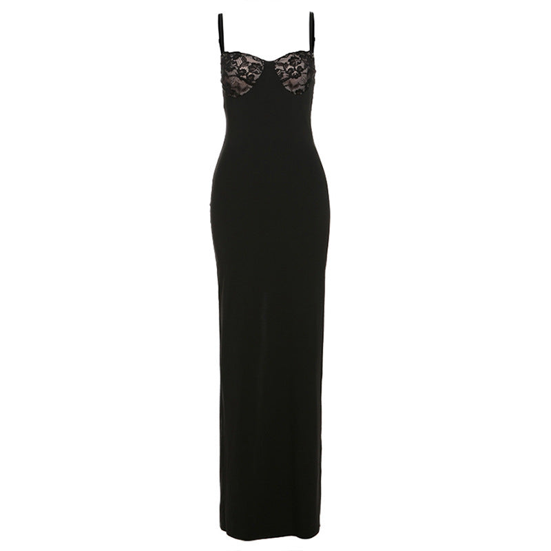 Robe longue à bretelles en dentelle de style français