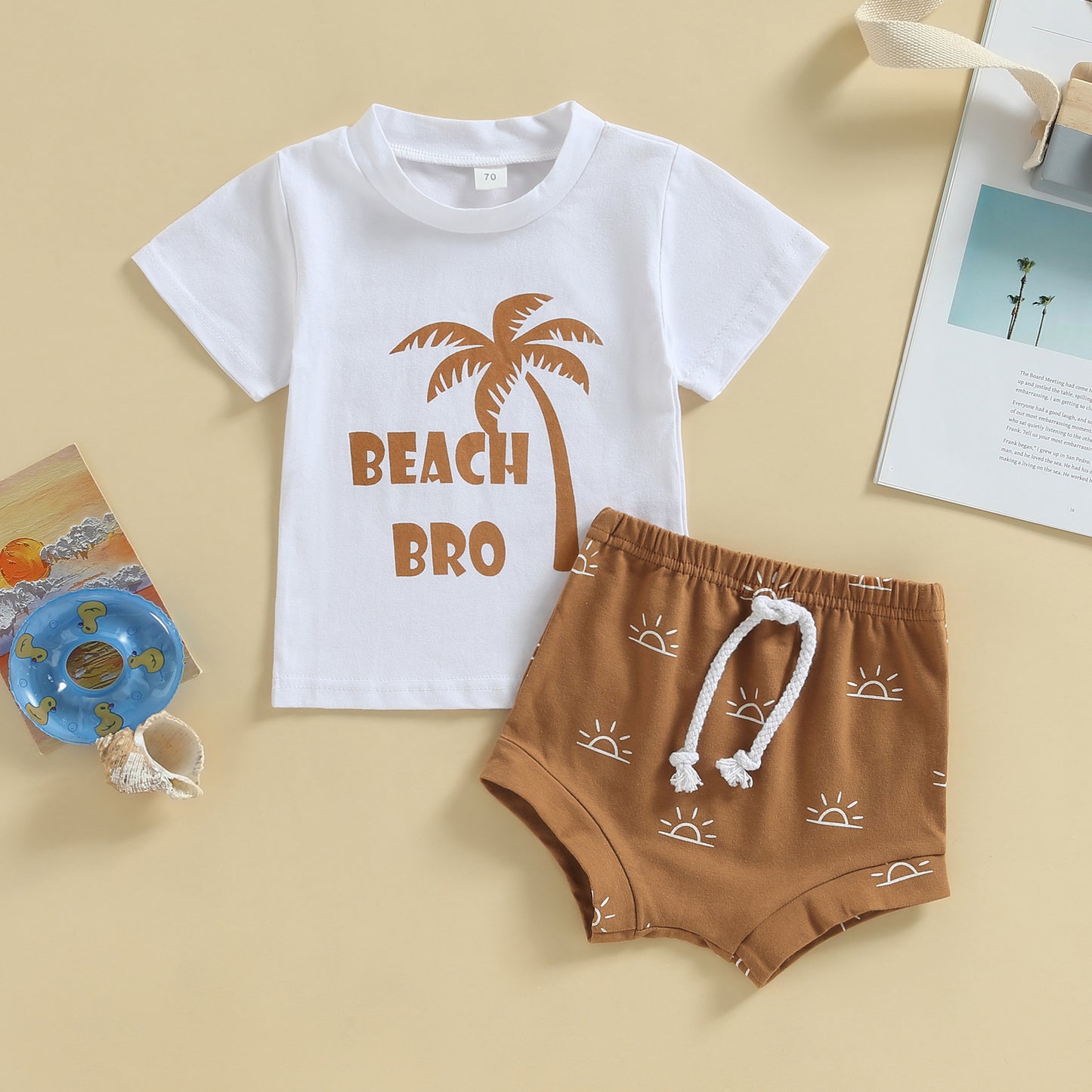 Conjunto de camiseta con estampado de árbol de coco y pantalones cortos elásticos con estampado de sol para bebés recién nacidos