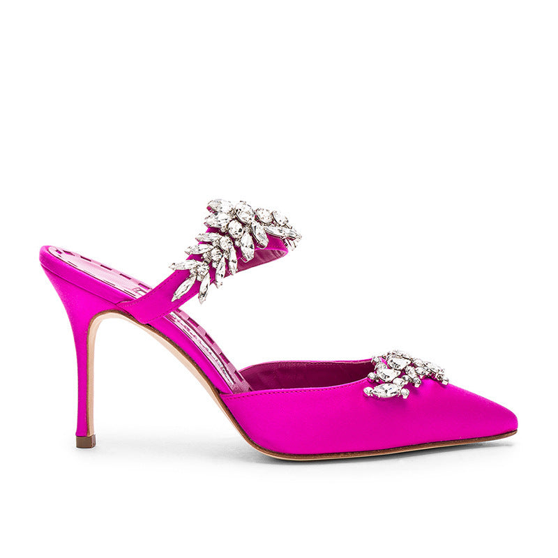 Sandalias francesas con punta en punta y tacón de aguja con diamantes de imitación