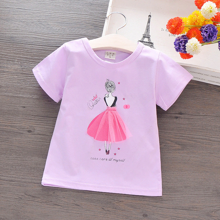 Camiseta de algodón de manga corta para niños de verano de Corea, camiseta de dibujos animados para niñas, camiseta de media manga para niñas pequeñas