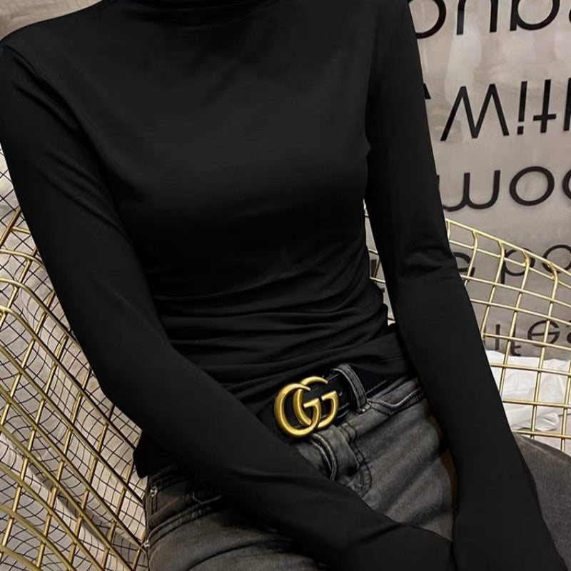 Chemise à col roulé et manches longues pour femme, en coton, avec fil intérieur