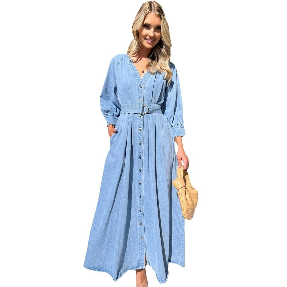 Robe en jean décontractée à boutons et col en V, avec lacets et taille cintrée