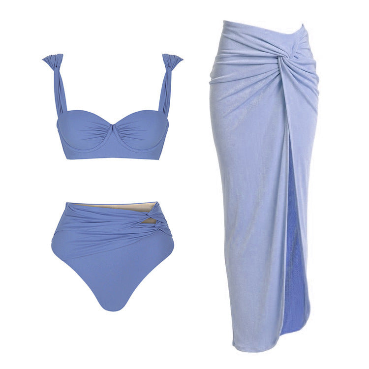 Traje de baño de tres colores a juego de color azul para mujer
