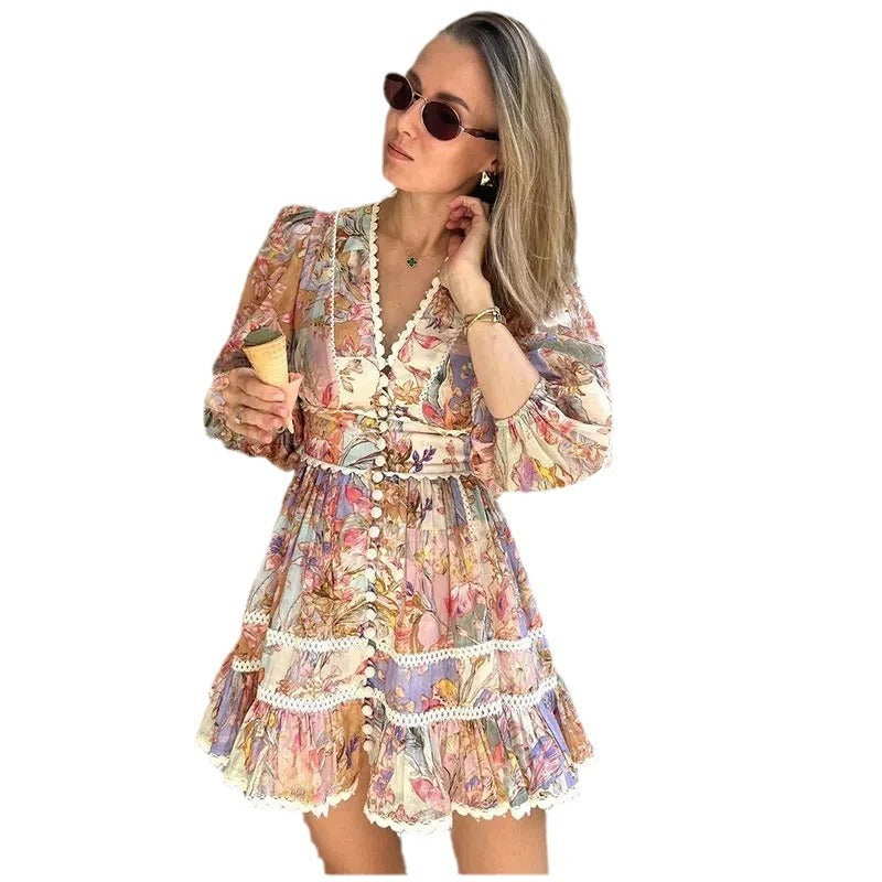 Vintage Single-breasted Printed Mini Dress