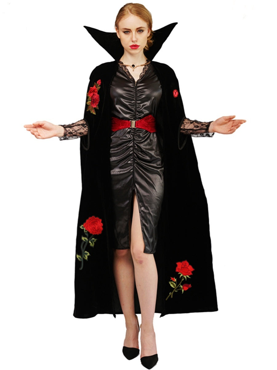 Costume de vampire brodé de roses pour Halloween, pour couple, pour spectacle sur scène