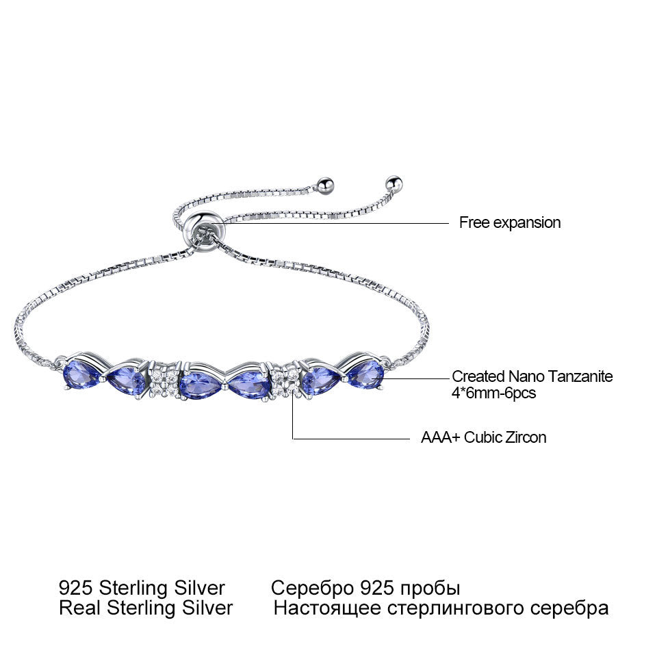 Pulsera ajustable de plata de ley S925 con zafiro azul y cadena de caja para mujer
