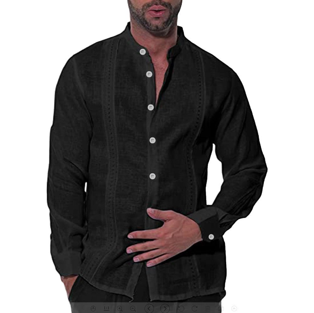 Camisa informal de manga larga con cuello alto de algodón y lino a la moda para hombre