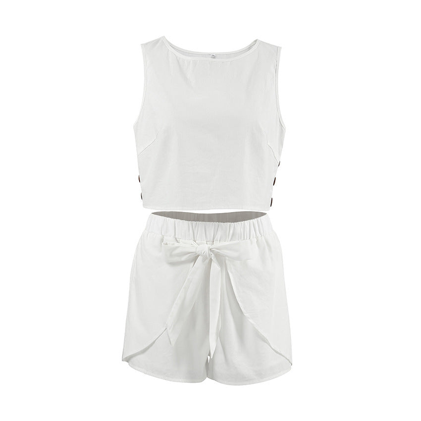 Women's Casual Cotton Fashion Ramie Vest Shorts Two-piece Set