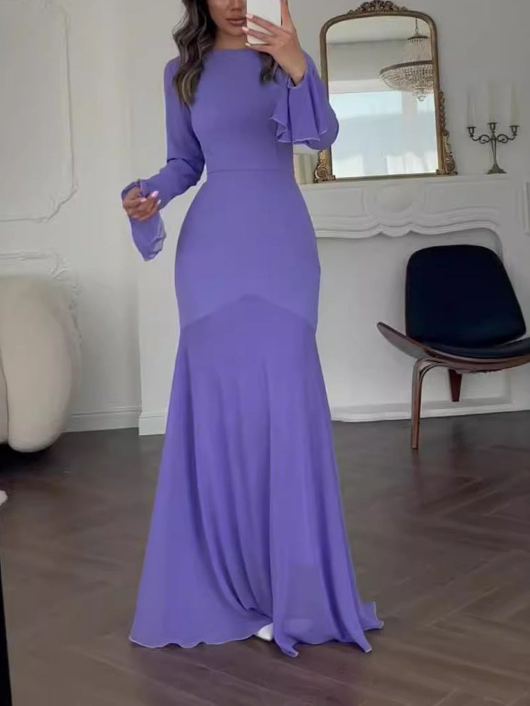 Robe longue queue de poisson à col rond et manches cloche