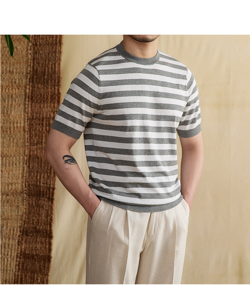 T-shirt à manches courtes et col rond en coton Tencel respirant à rayures bleu marine