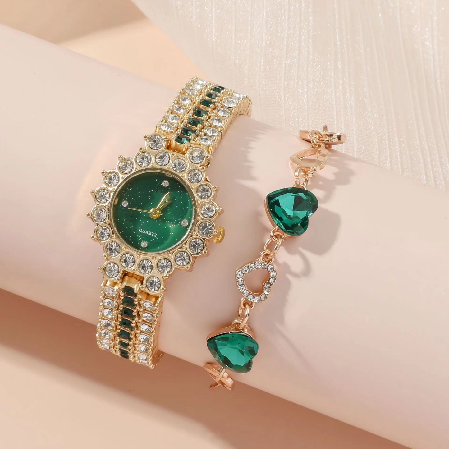 Reloj verde pequeño popular para mujer, correa de acero, reloj de cuarzo, anillo, juego de regalo en caja, juego de cinco piezas