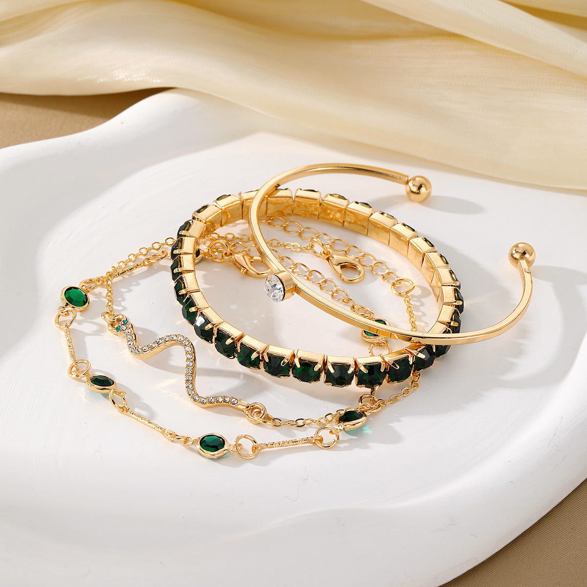 Conjunto de 4 piezas de pulsera elástica de diamantes verdes de moda para mujer