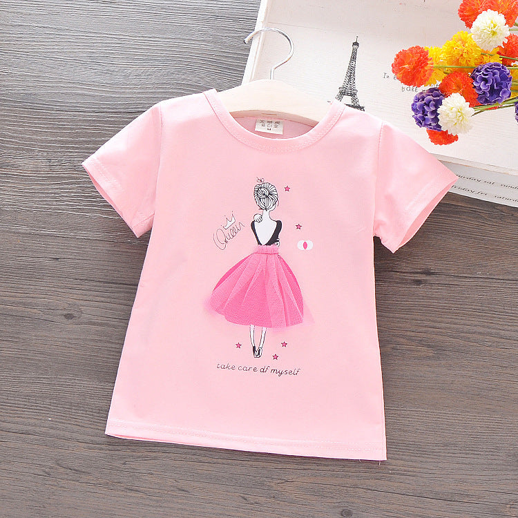 Camiseta de algodón de manga corta para niños de verano de Corea, camiseta de dibujos animados para niñas, camiseta de media manga para niñas pequeñas