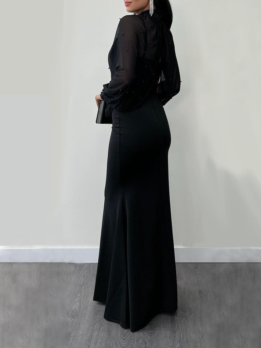 Ensemble deux pièces robe à bretelles en maille et perles à col licou