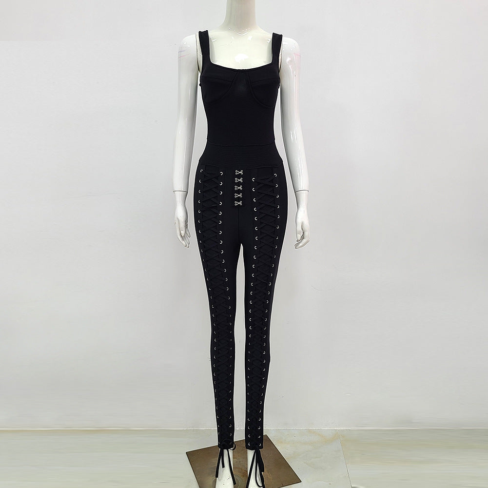 Combinaison bandage sexy taille haute sans manches à décolleté en V profond et extensible