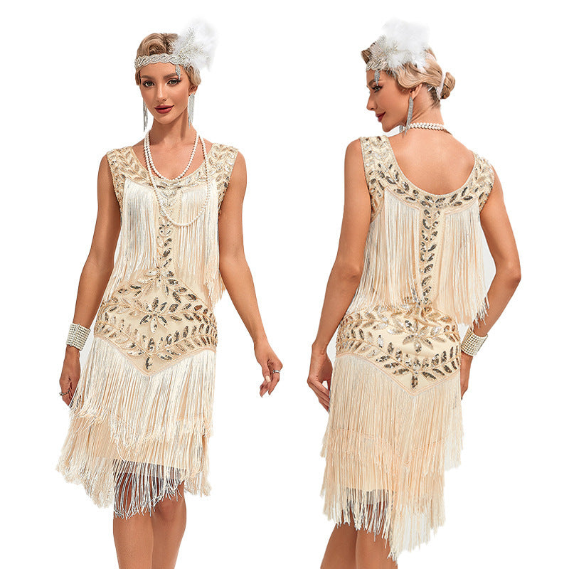 Robe de danse rétro à paillettes et col rond pour femme