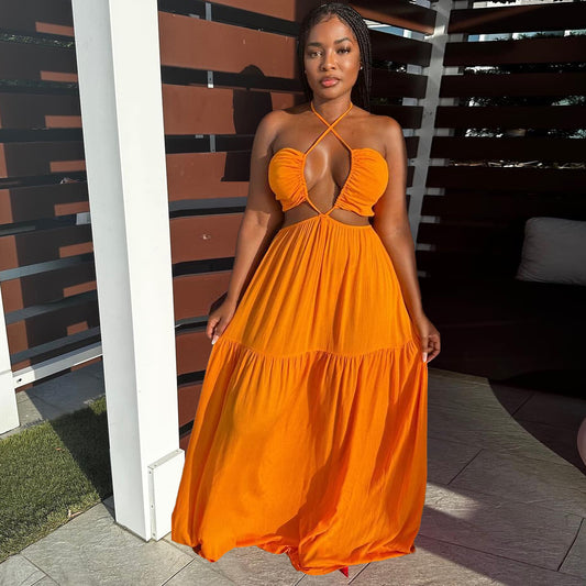 Lace Up Halter Stitching Cross Smocking Mop Dress