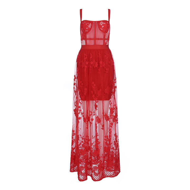 Robe longue en dentelle printemps-été avec broderies en dentelle