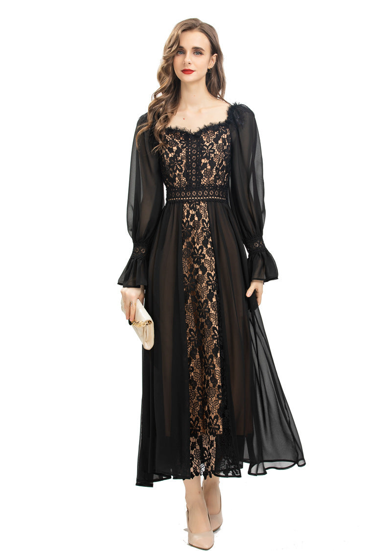 Robe coupe ajustée en maille douce et dentelle épissée de tempérament français